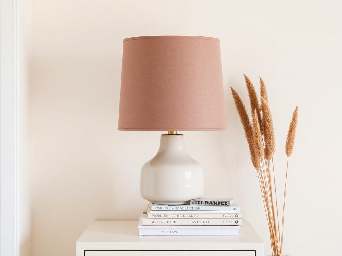 Neutral home décor setting with a lamp, books and dried grasses