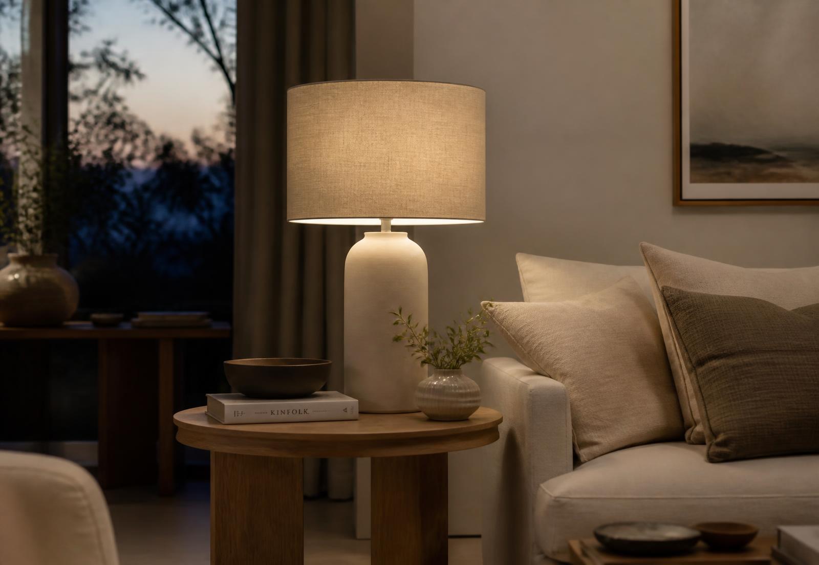 Warm living room in the evening with a linen lampshade glowing on a side table